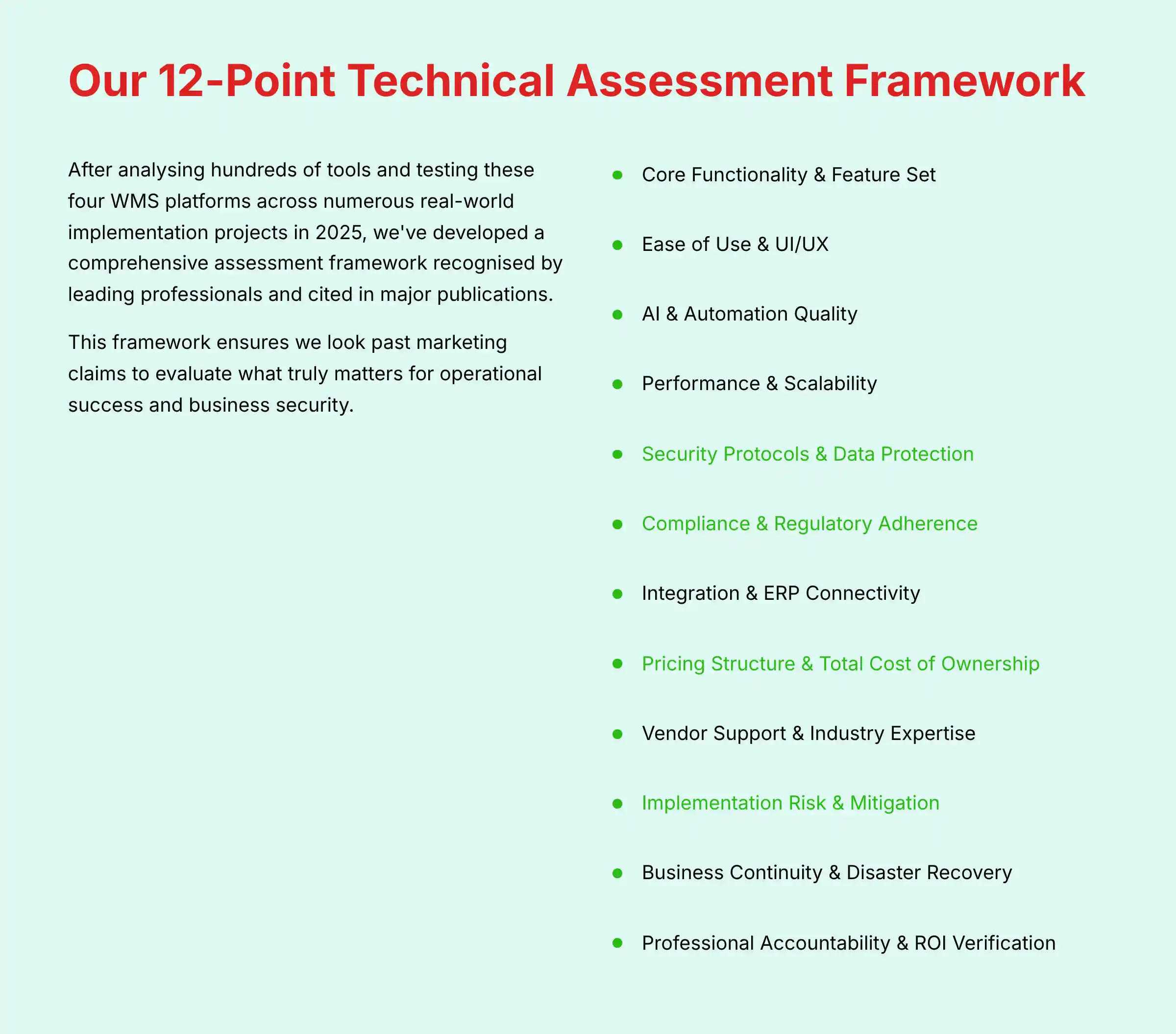 12-Point Technical Assessment Framework for AI WMS evaluation