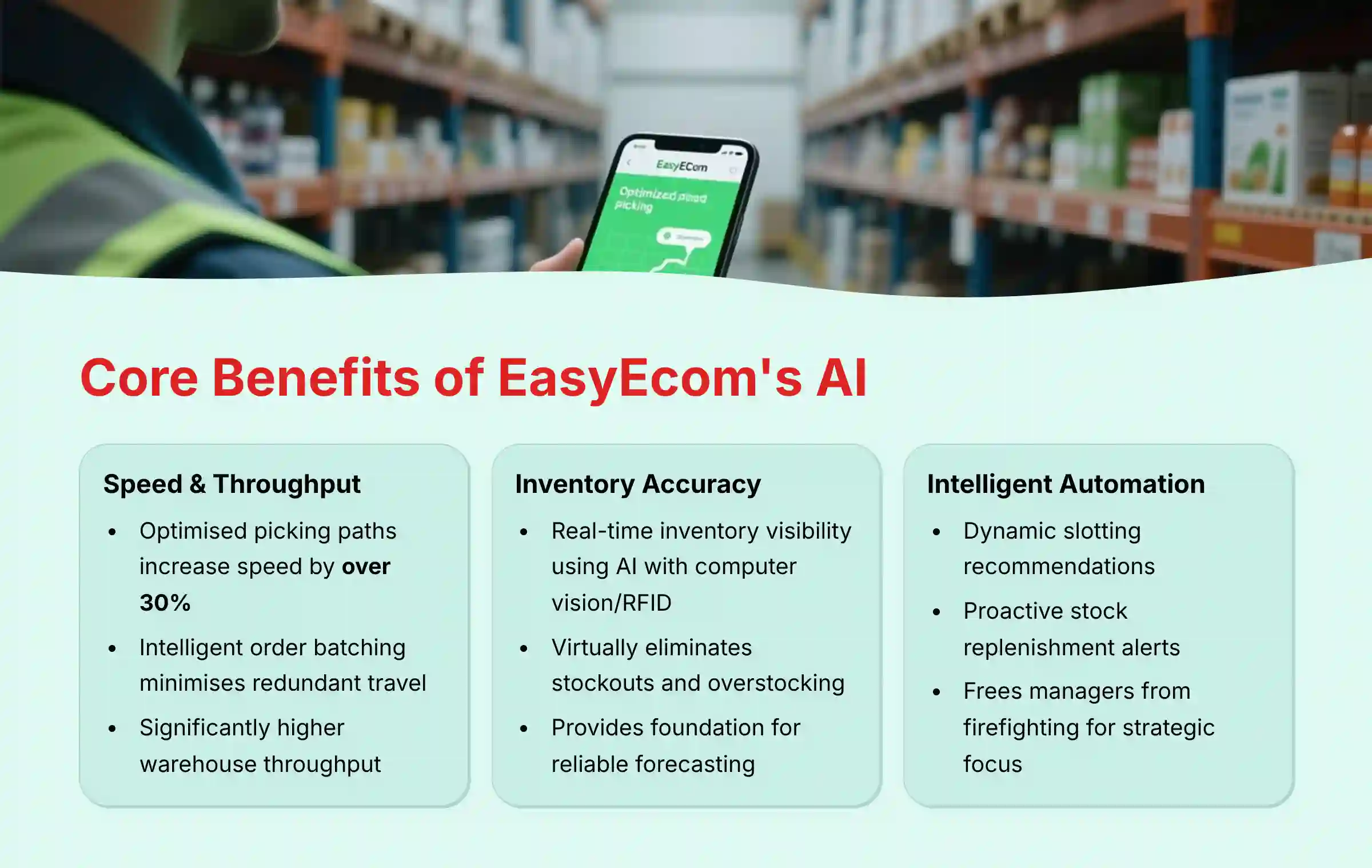 Core Benefits of EasyEcom's AI - speed, accuracy, and automation improvements