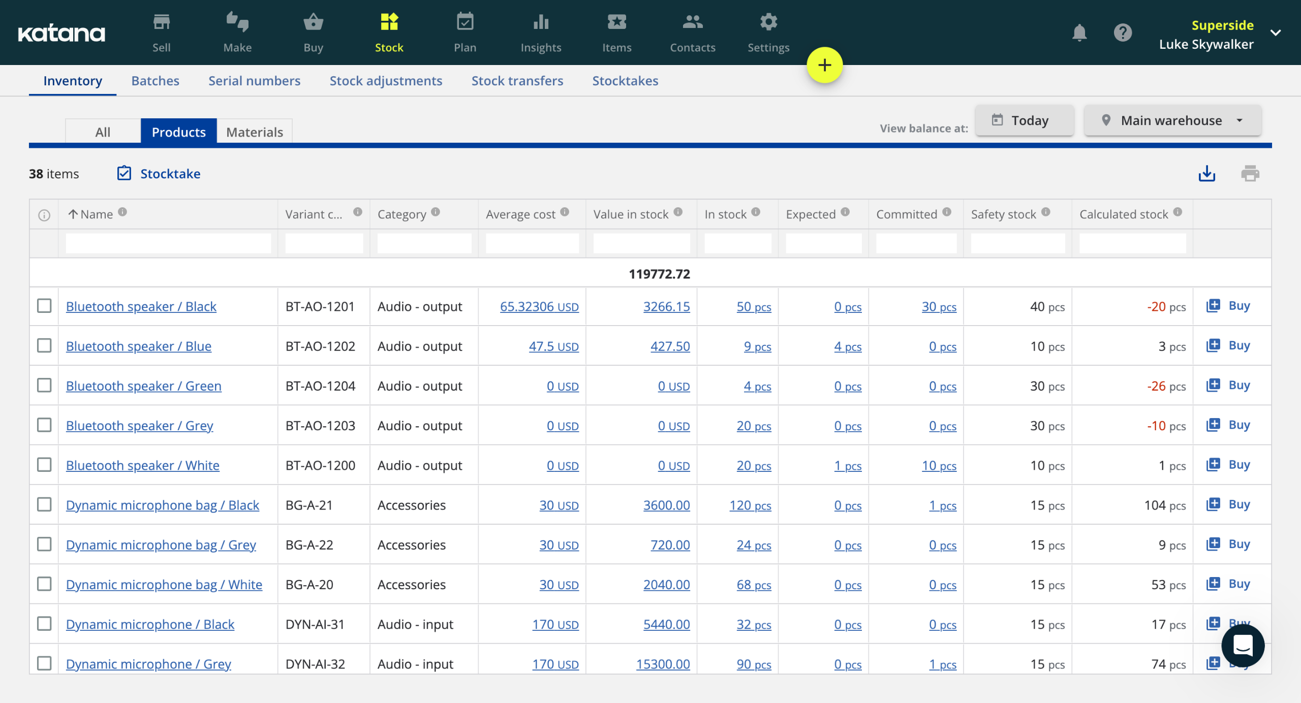 Katana manufacturing ERP interface showing visual production scheduling and inventory management