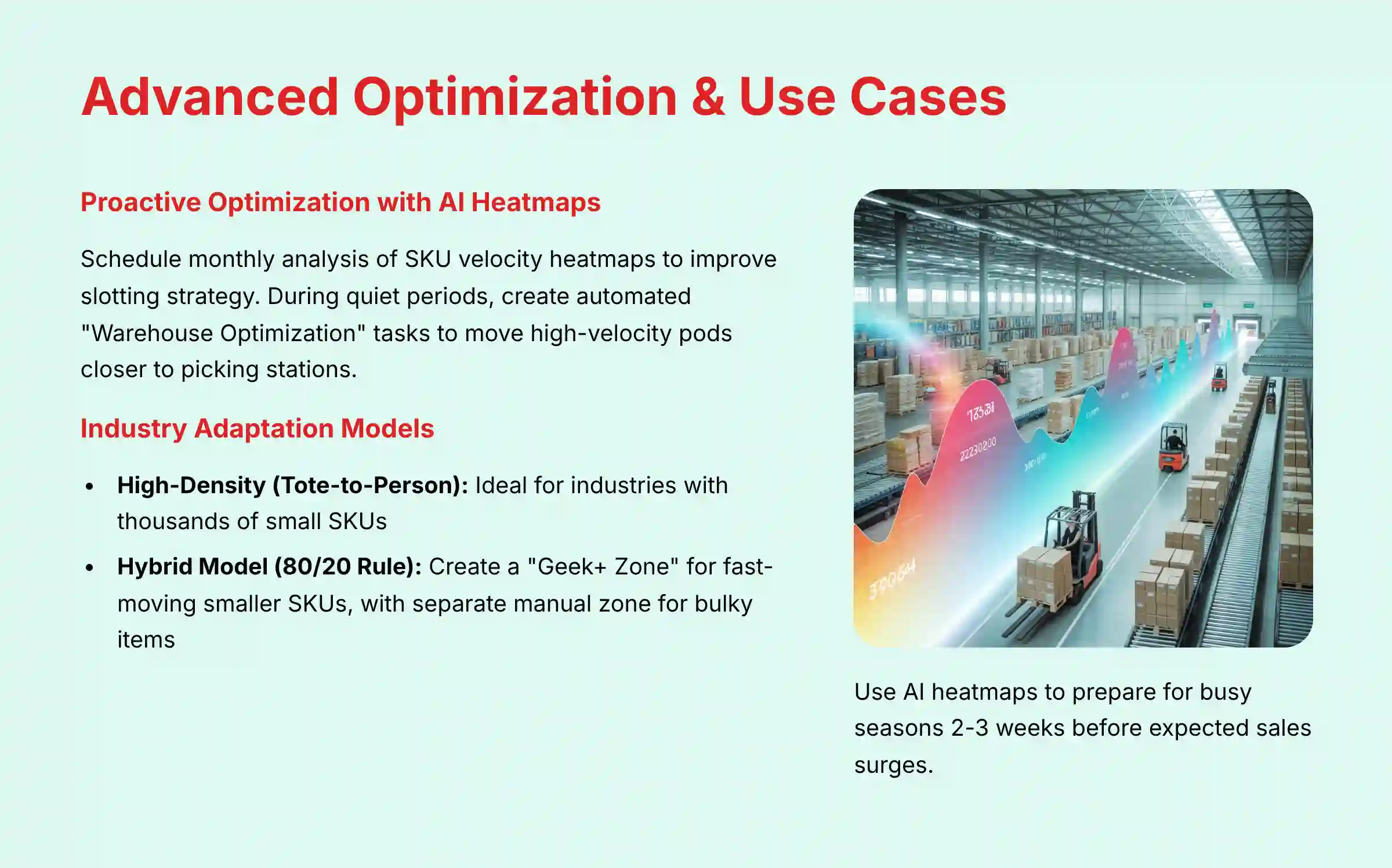Advanced Optimization and Use Cases showing AI-powered warehouse analytics and performance metrics