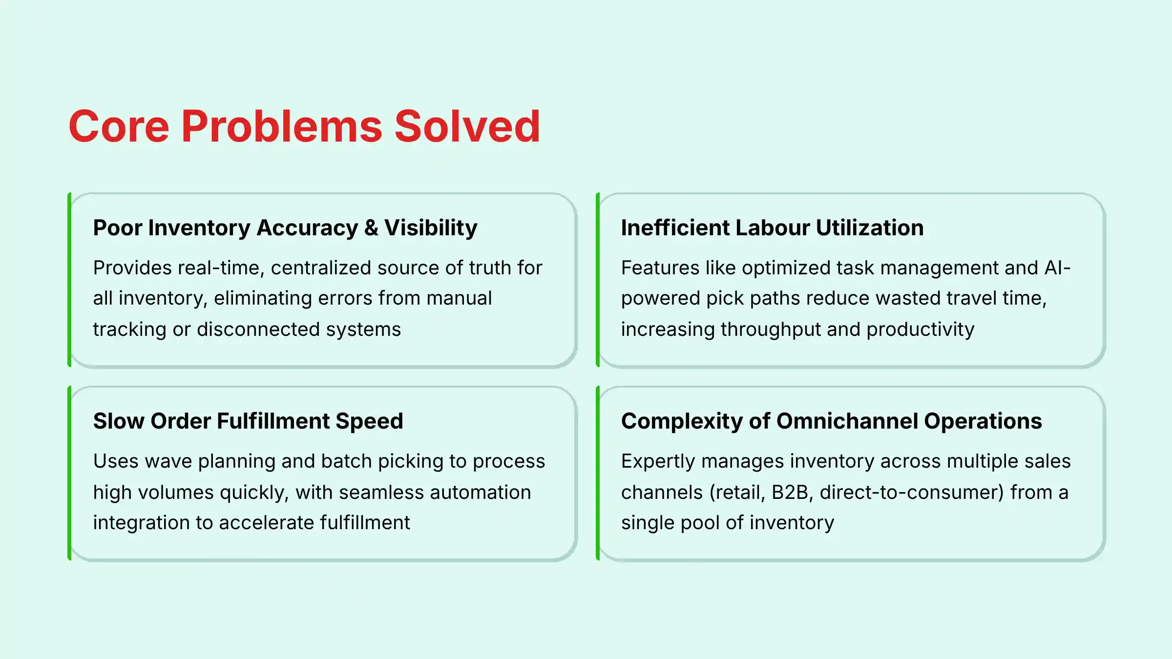 Core Problems Solved by Oracle WMS Cloud - visual breakdown of key challenges addressed