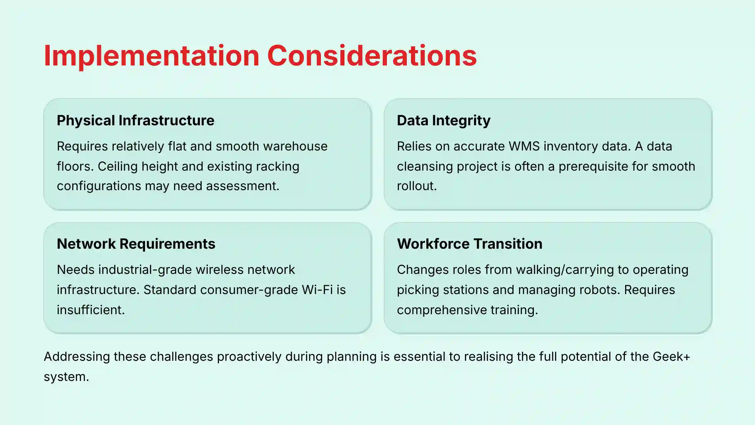 Implementation Considerations for Geek+ Systems
