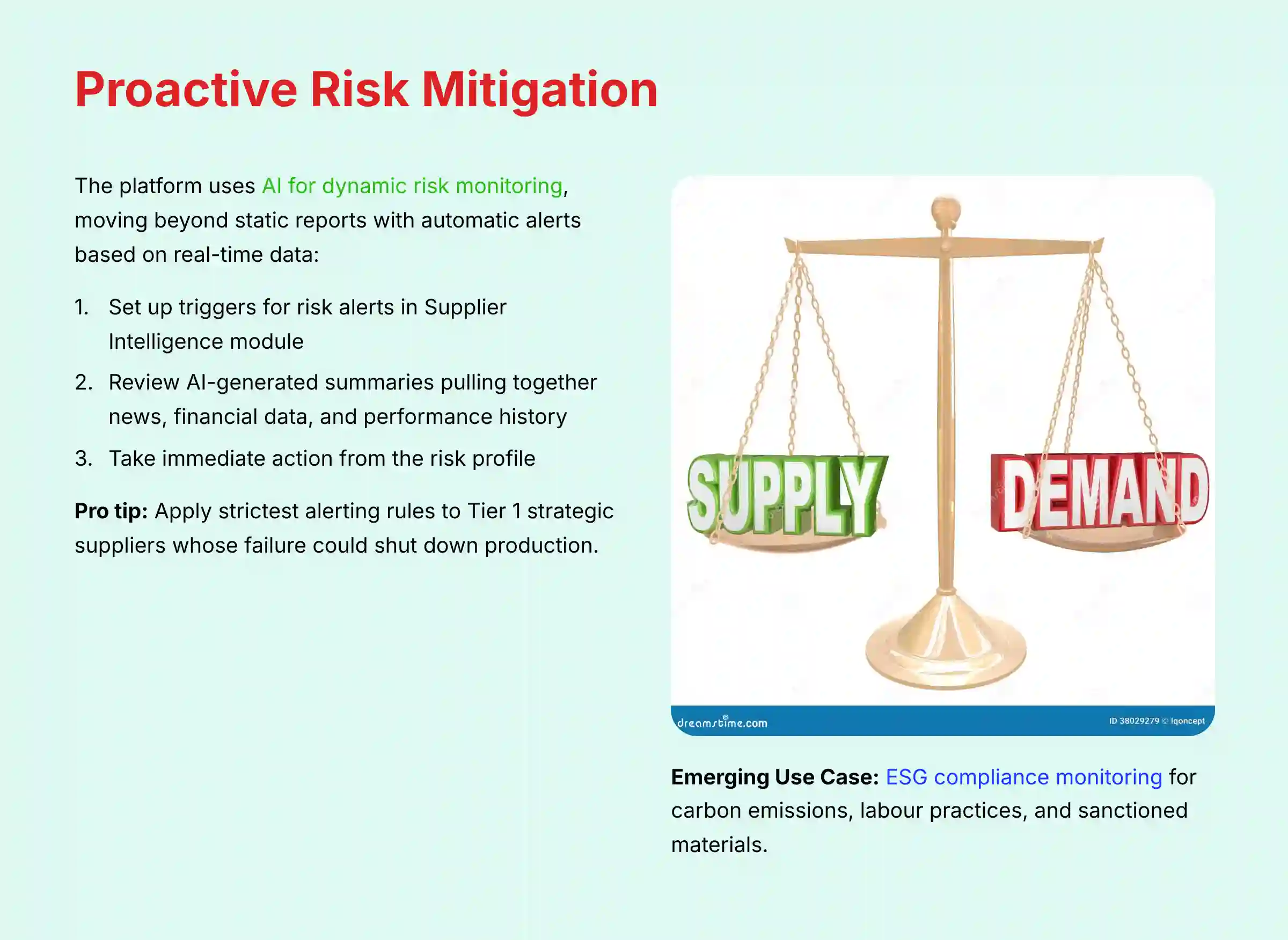Proactive Risk Mitigation dashboard showing supplier risk alerts