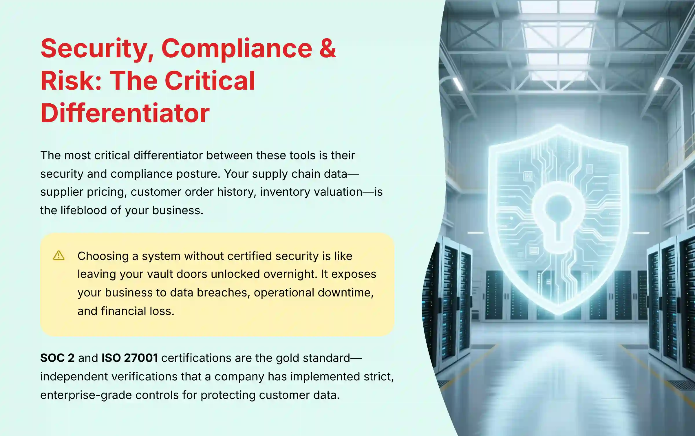 Security compliance matrix showing SOC 2 and ISO 27001 certifications across inventory management platforms