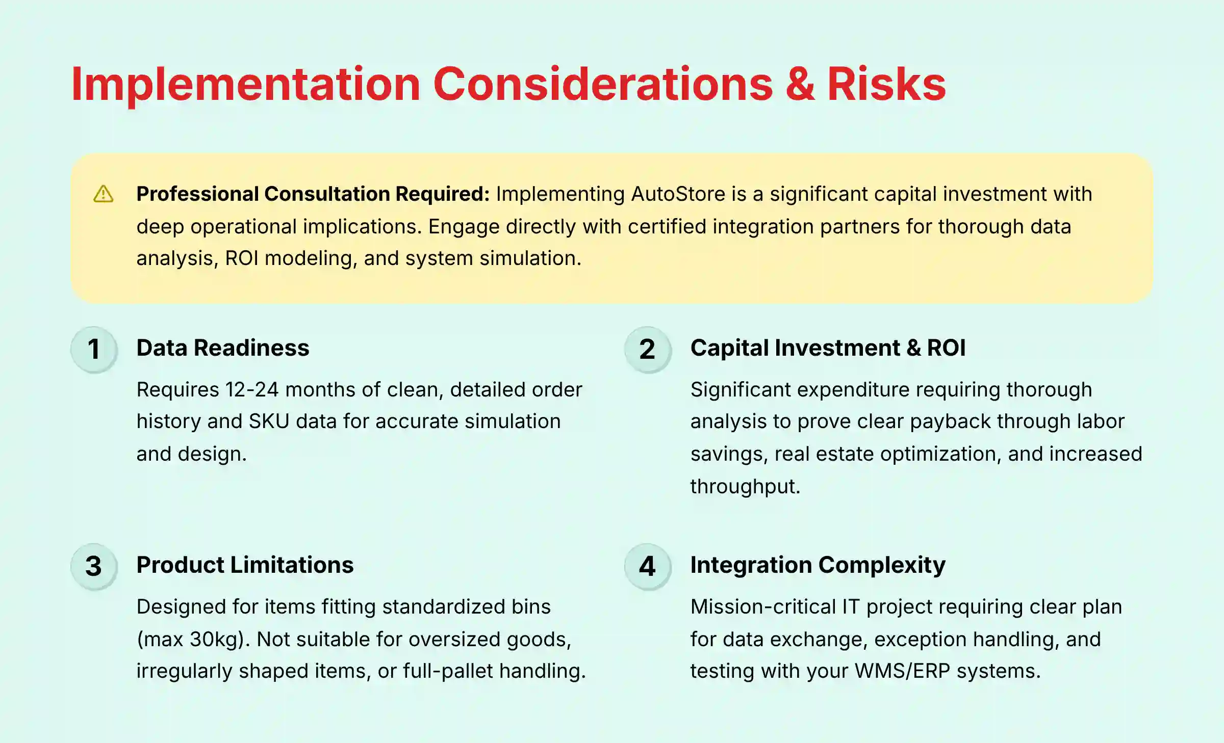 AutoStore implementation considerations and potential risks analysis