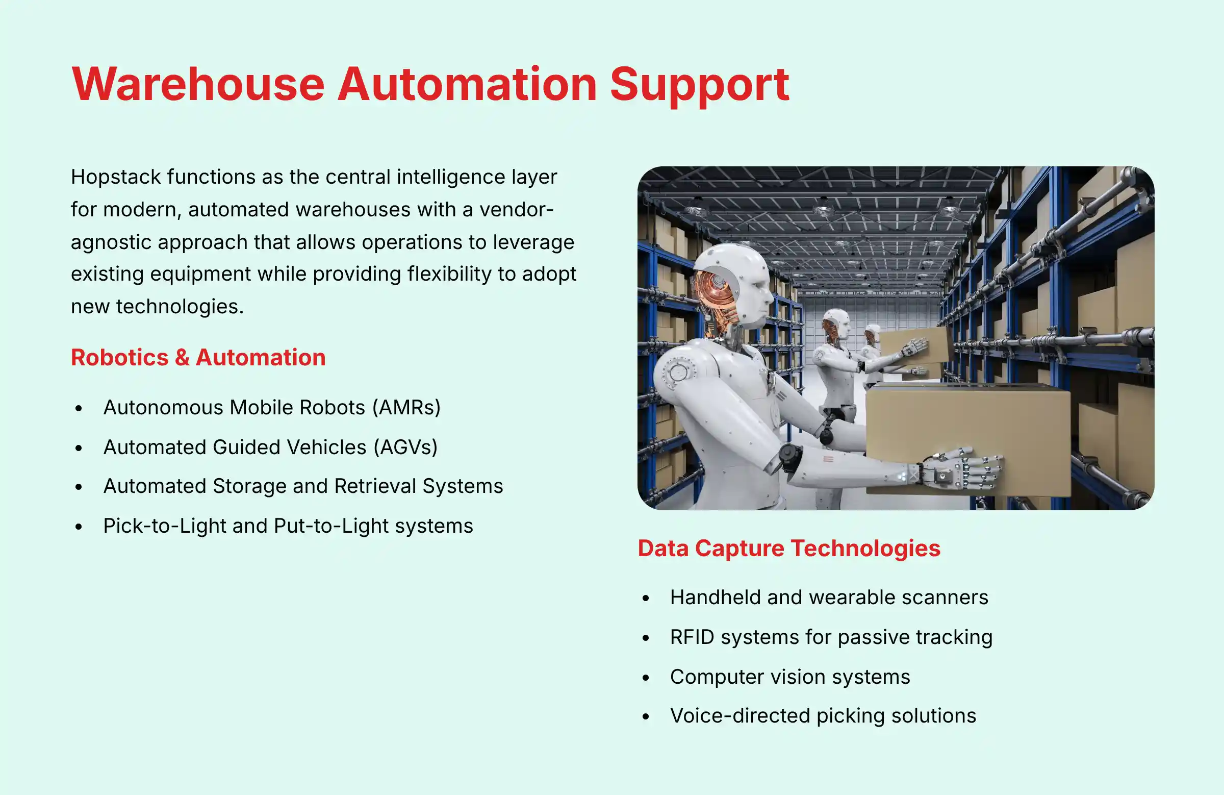 Hopstack warehouse automation support for robotics and hardware