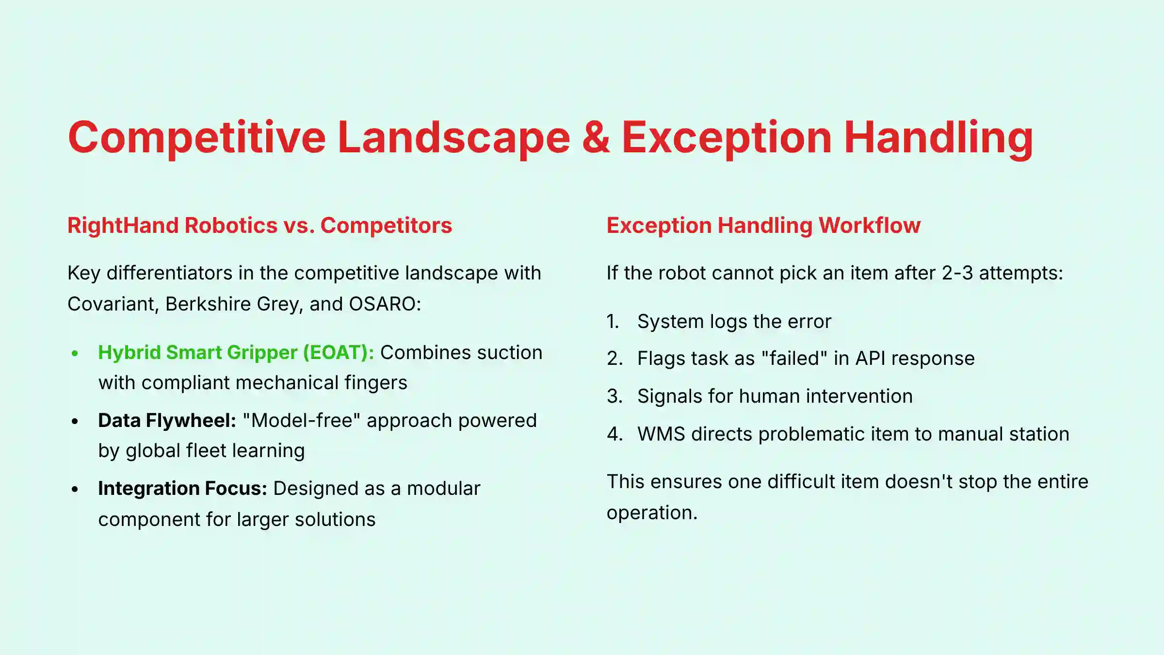 Competitive Landscape and Exception Handling in warehouse robotics