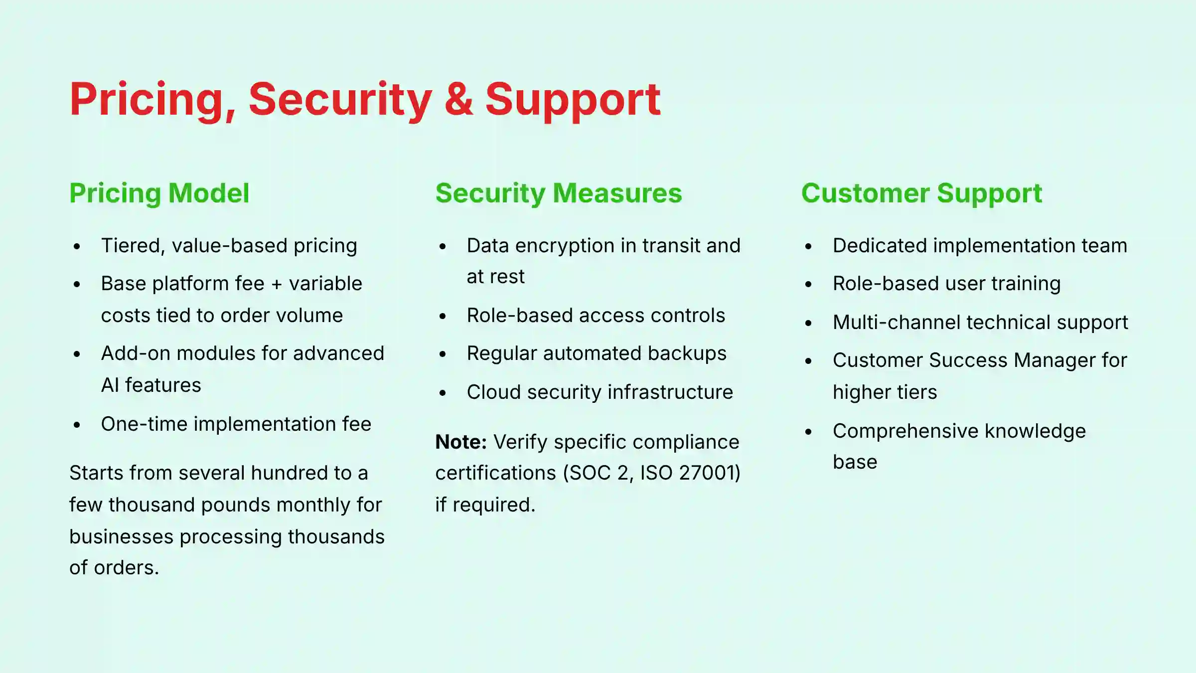 Pricing Security and Support - tiered pricing model and customer service