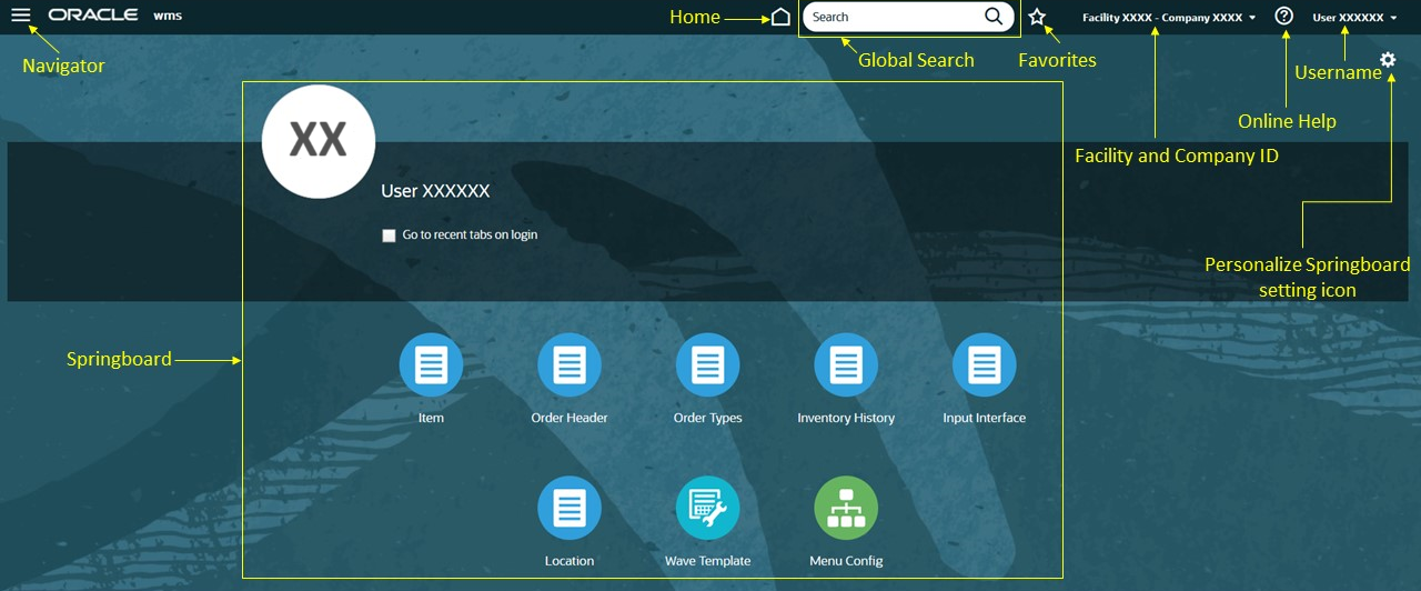 Oracle WMS Cloud Homepage Interface
