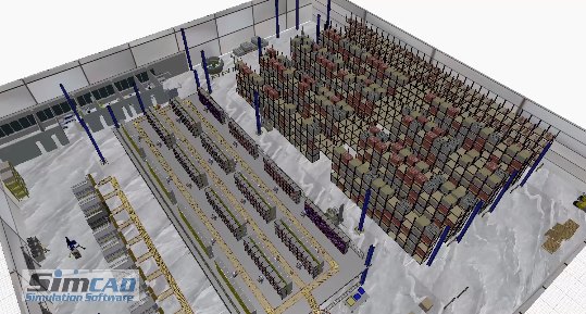 Digital twin warehouse simulation software interface showing 3D modeling capabilities