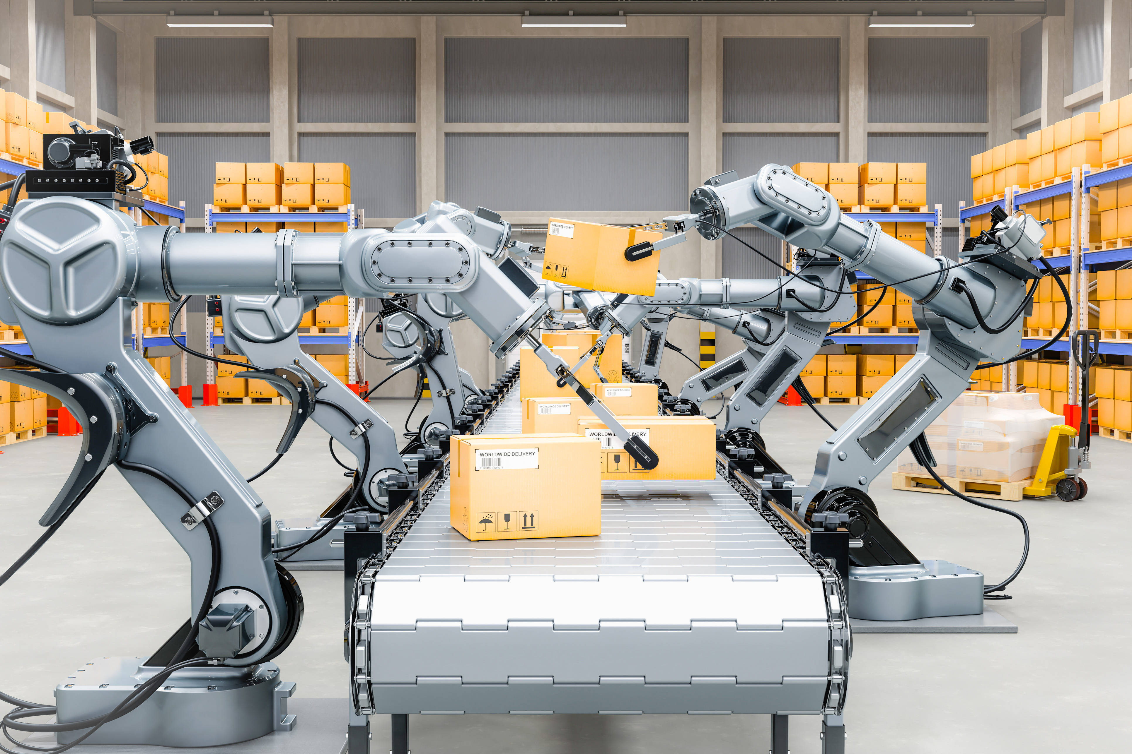 Modern warehouse automation with robotic systems and conveyors