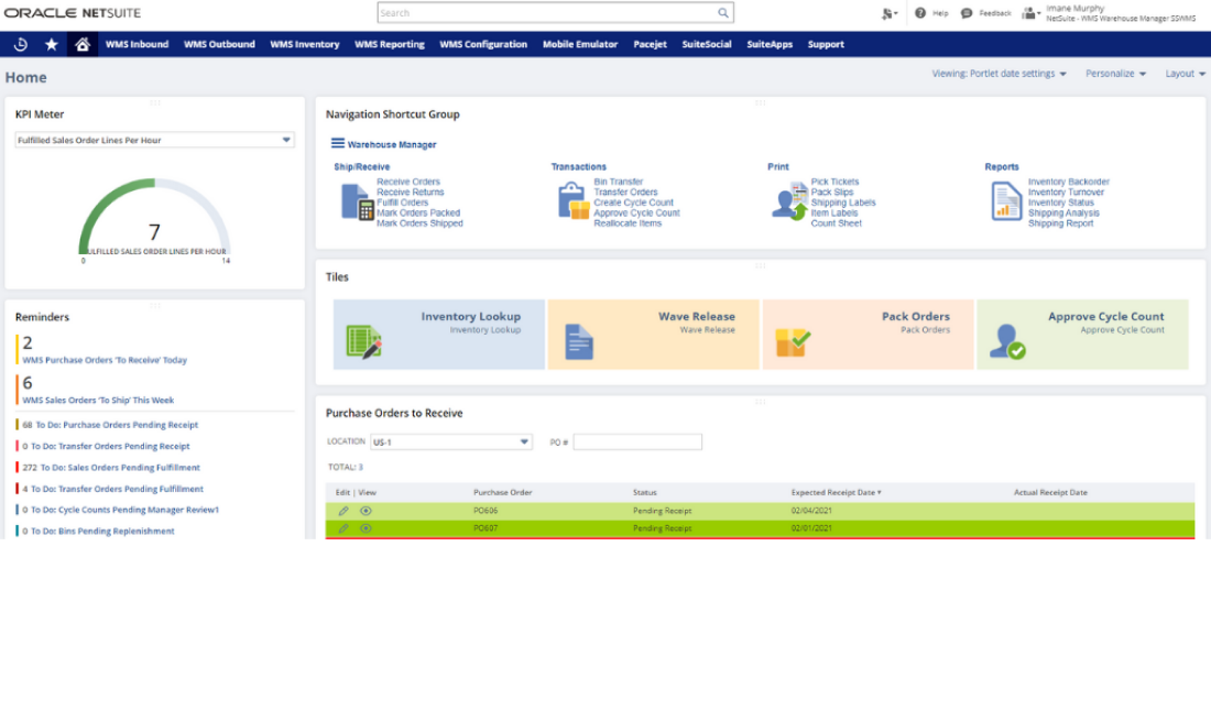 NetSuite WMS Warehouse Dashboard Interface