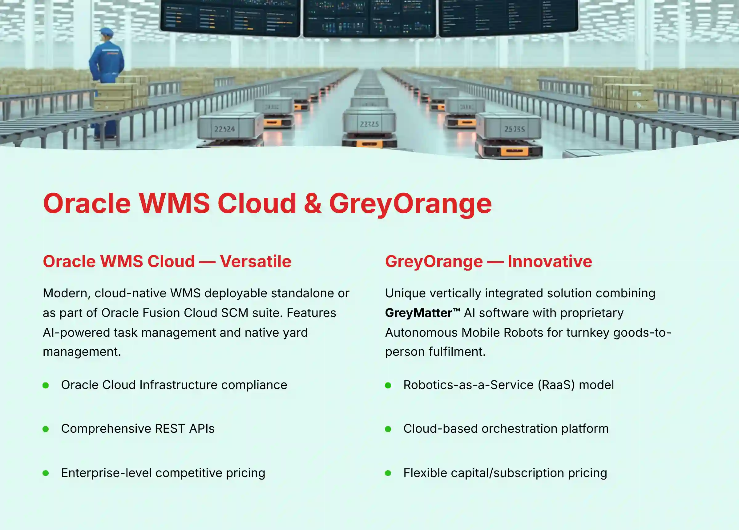 Oracle WMS Cloud and GreyOrange versatile warehouse solutions