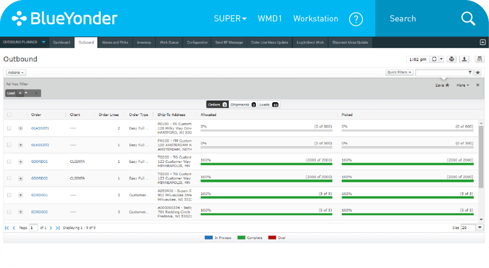 Blue Yonder WMS interface screenshot
