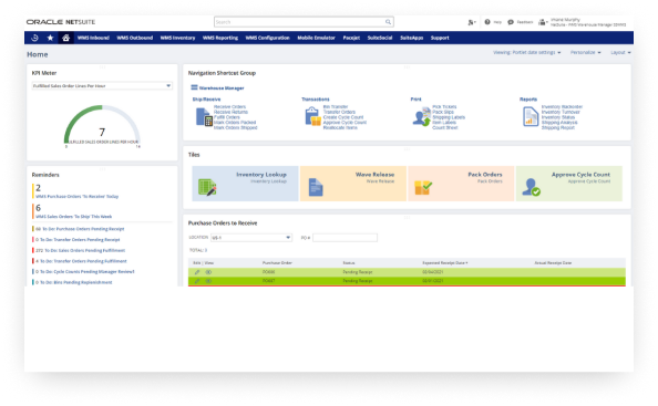 NetSuite WMS dashboard interface